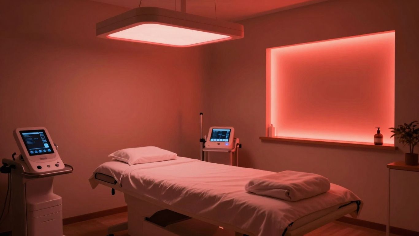 Red light therapy treatment room with glowing panels.