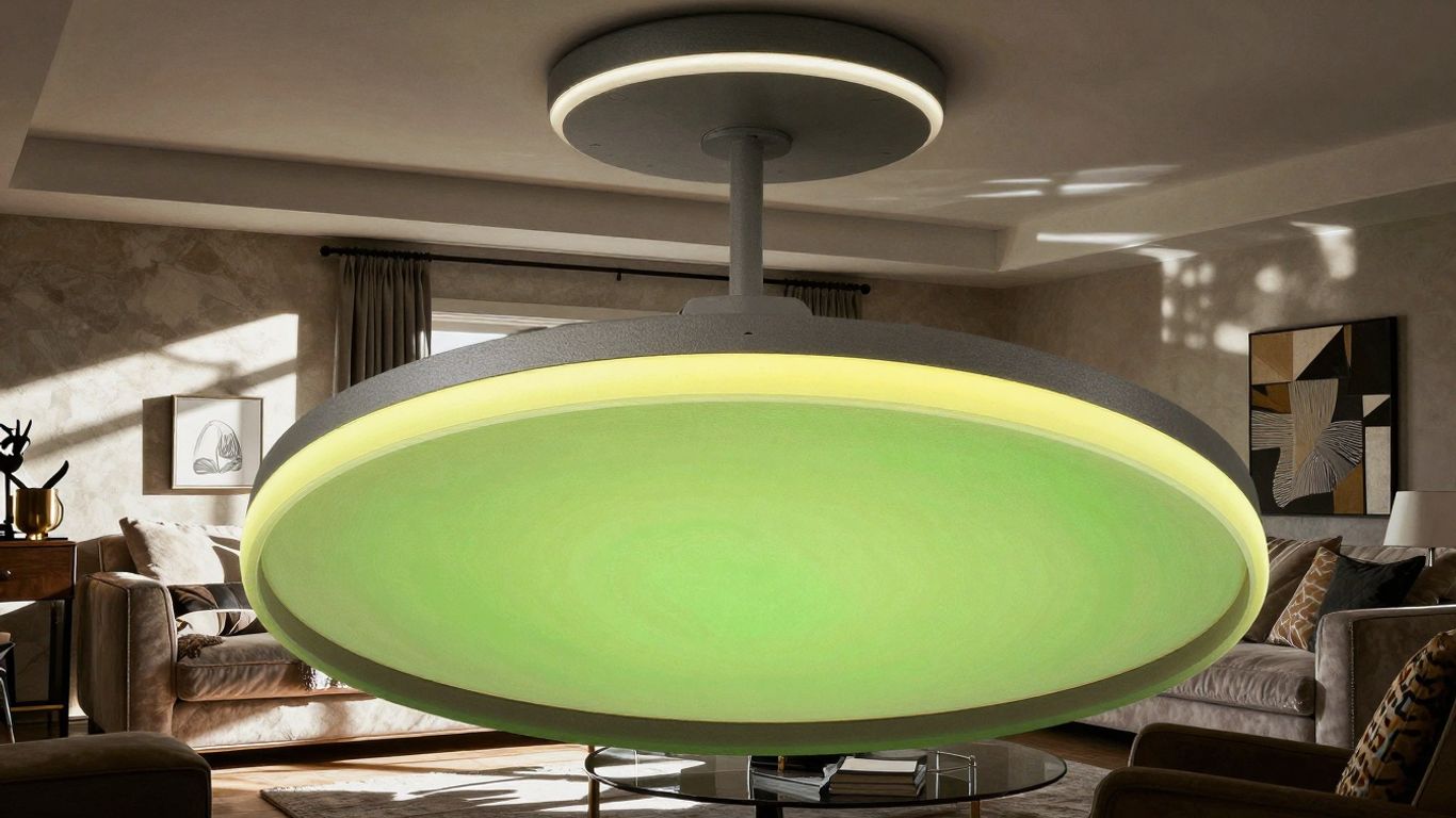 Modern living room with a bright ceiling flush mount light.