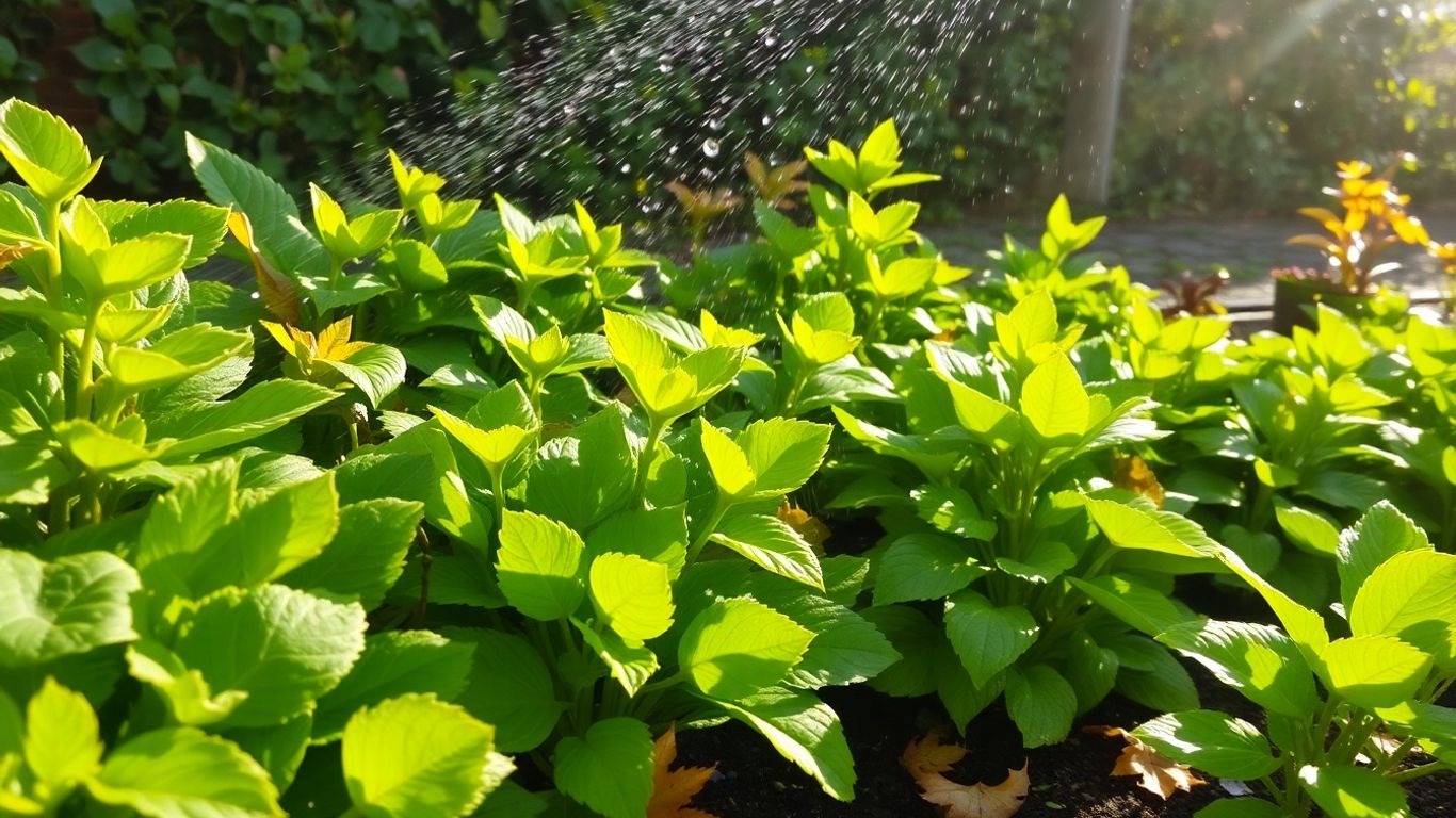 Bewässerung von Pflanzen im Herbstgarten mit Sonnenlicht
