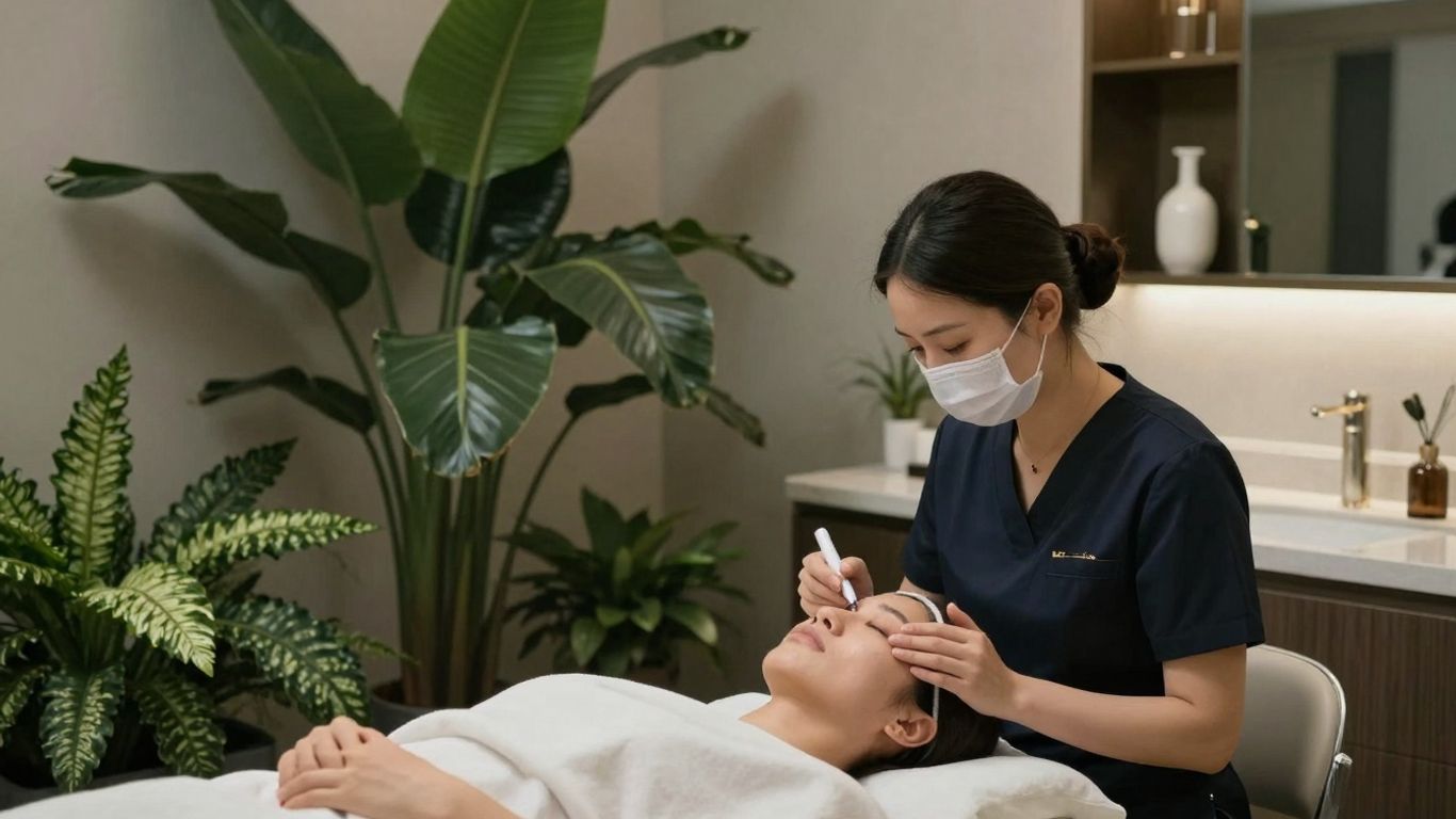 Luxurious medspa interior with client receiving facial treatment.