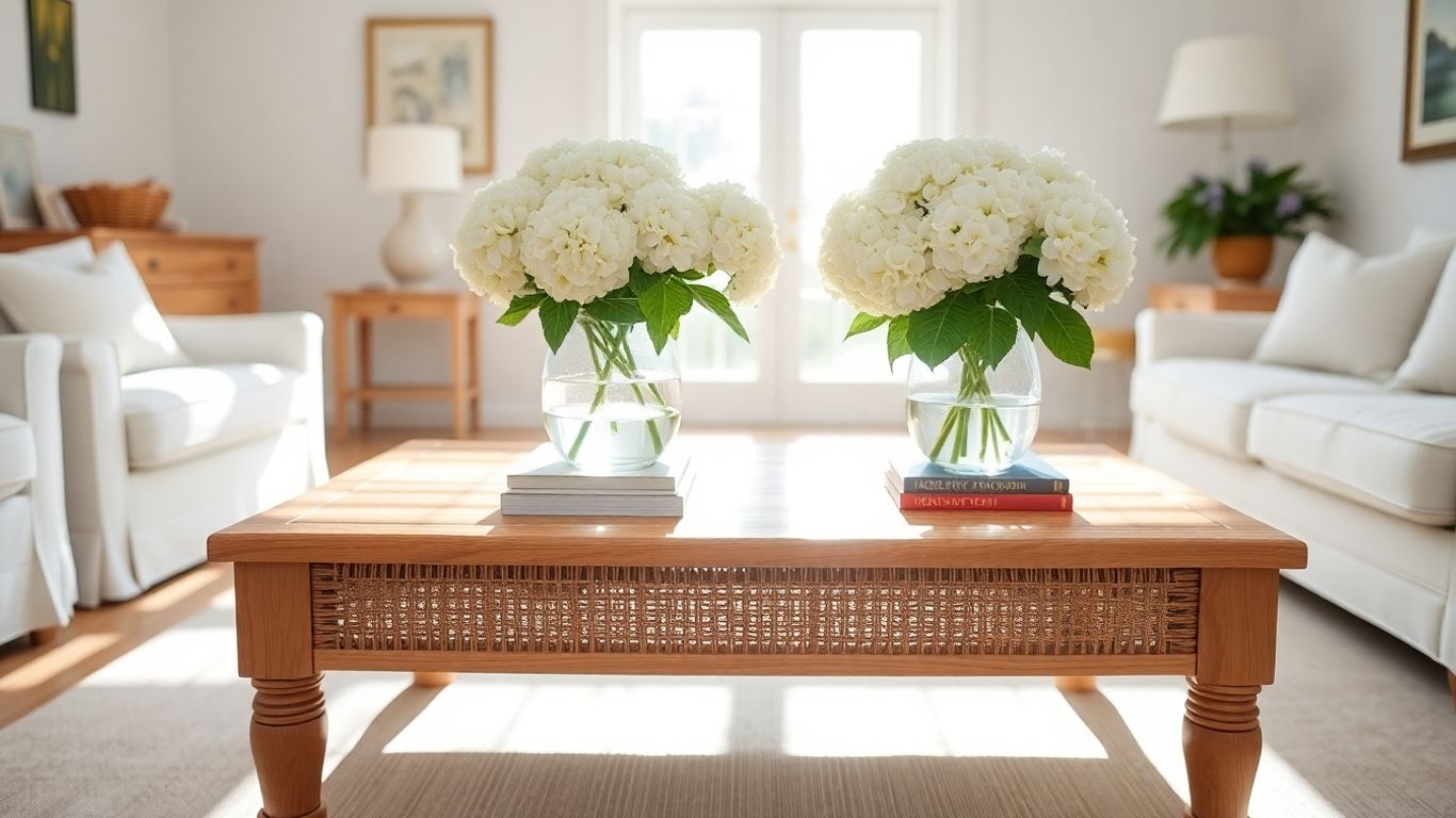 Coastal coffee table with natural wood and hydrangeas.