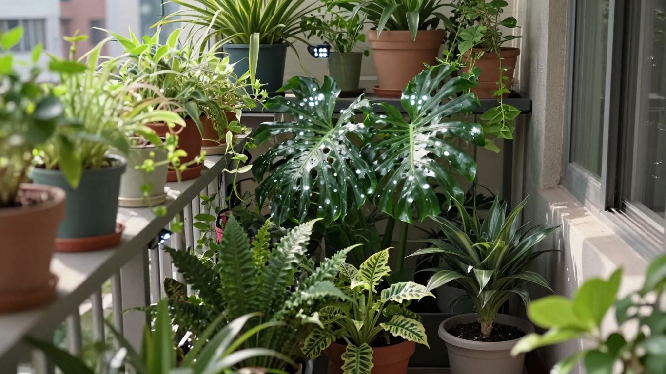 Balkongarten mit Pflanzen, Licht und Stromkabeln