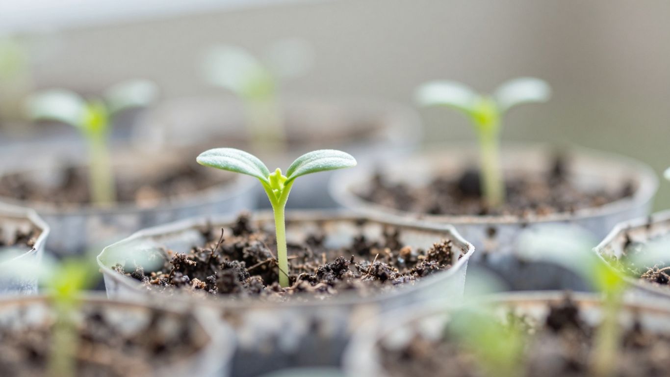 Junge Pflanzen sprießen im Januar im Topf.