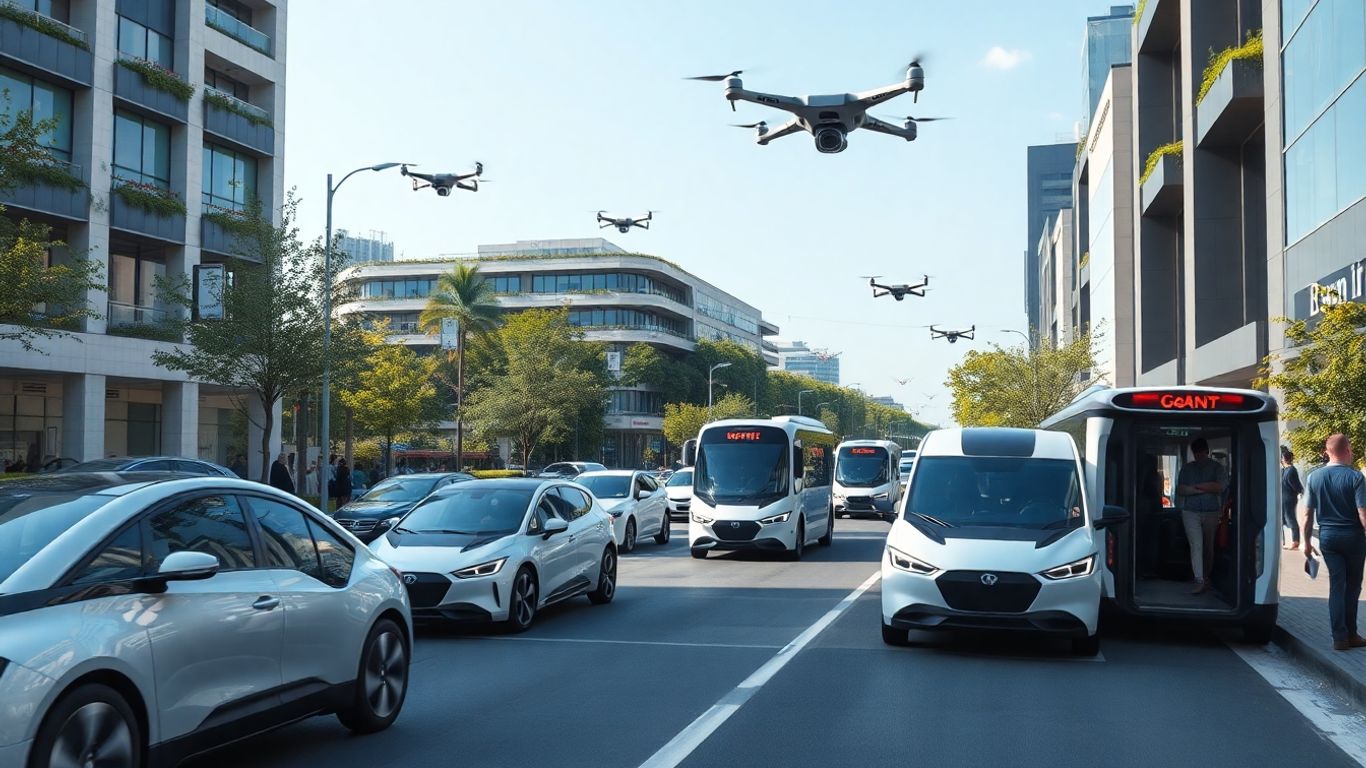 Futuristic city street with autonomous vehicles and drones