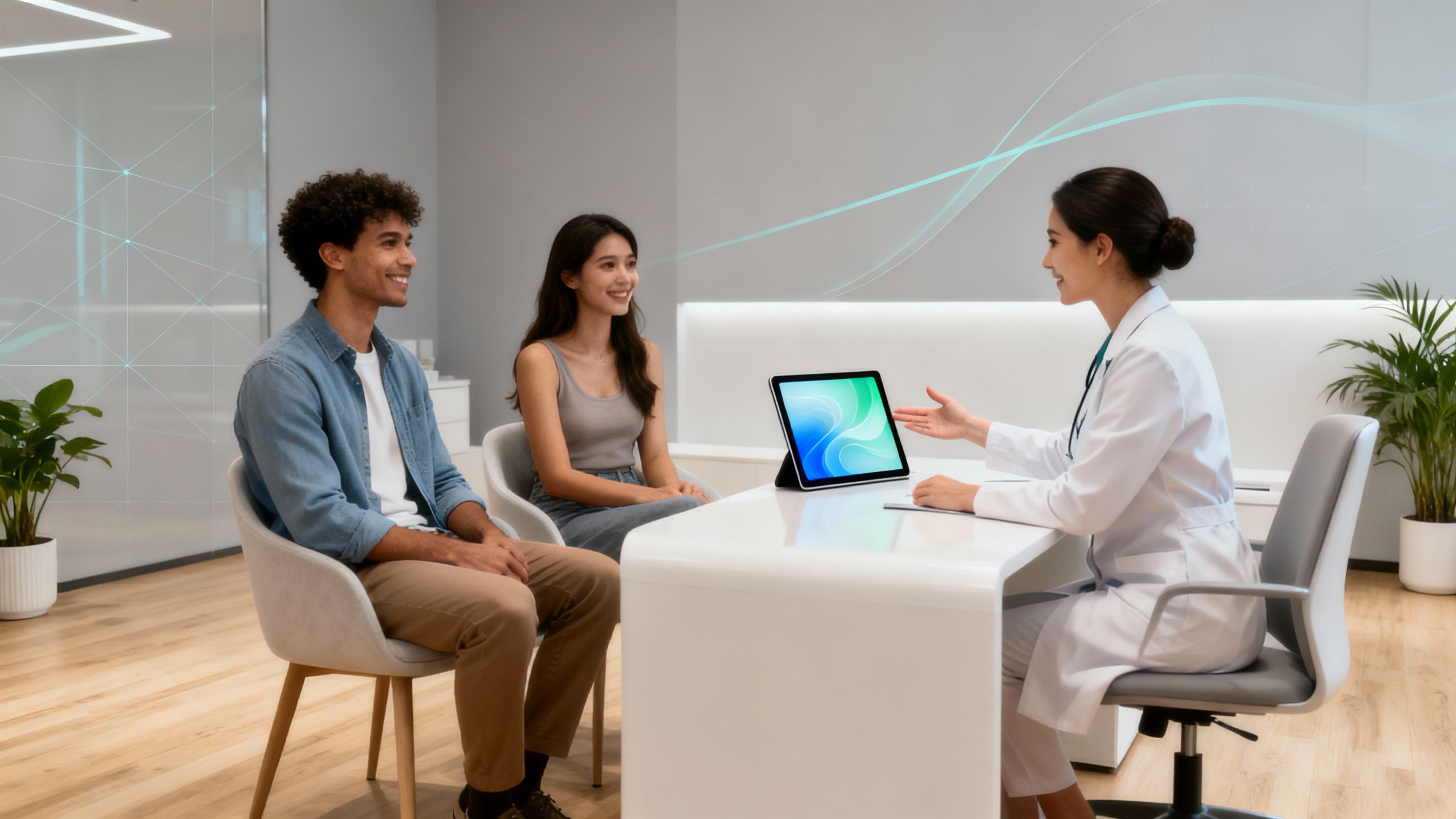 Aesthetics clinic consultation with patients and clinician.