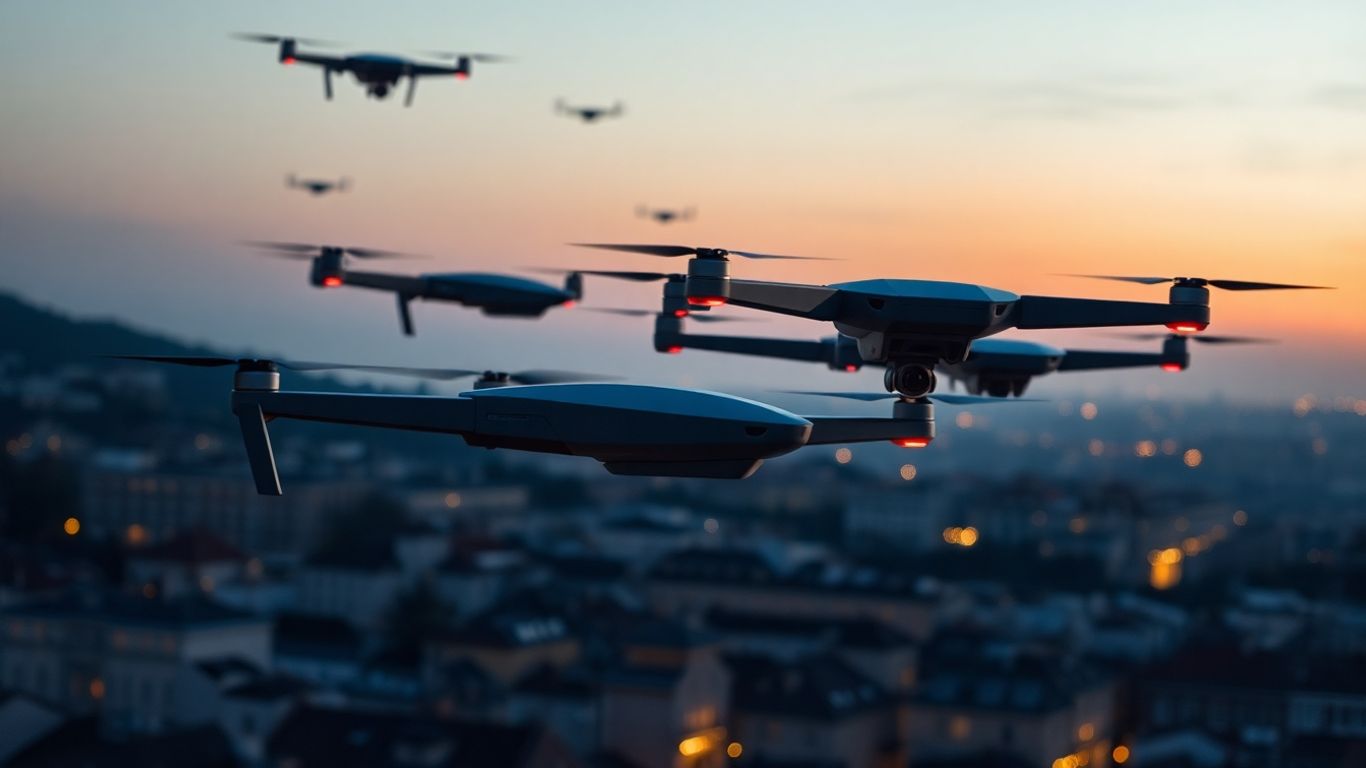Flotte de drones survolant une ville européenne.