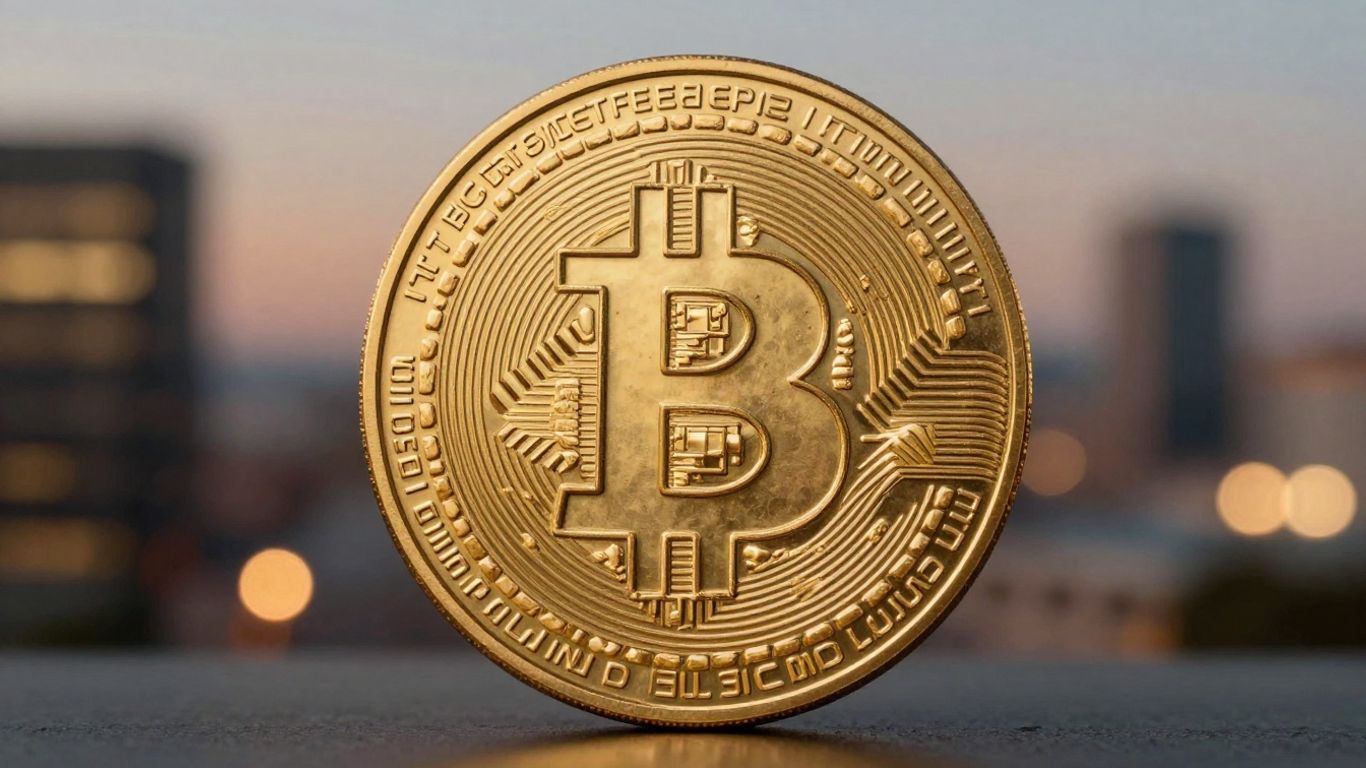 Bitcoin coin with dividend payout graphic.