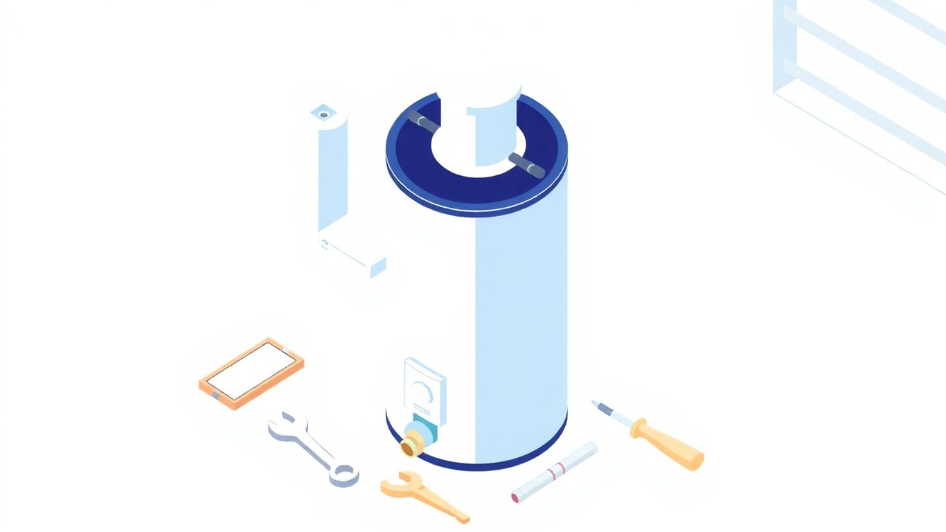 Isometric water heater with tools for DIY repair.