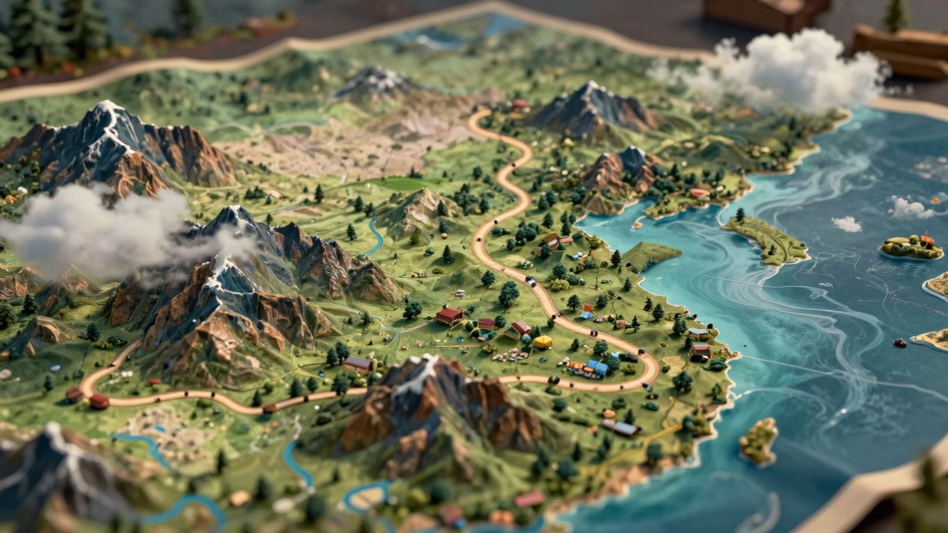 Animated map showing a scenic route with mountains and coast.