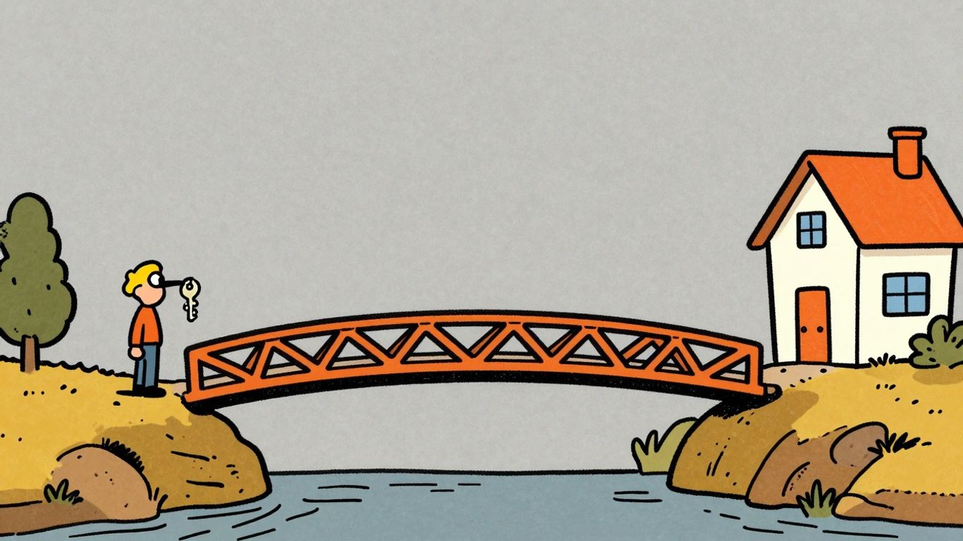 Cartoon bridge connecting two sides with a person and house.