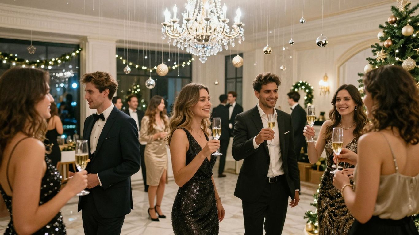 Elegant holiday party venue with festive decorations and guests.