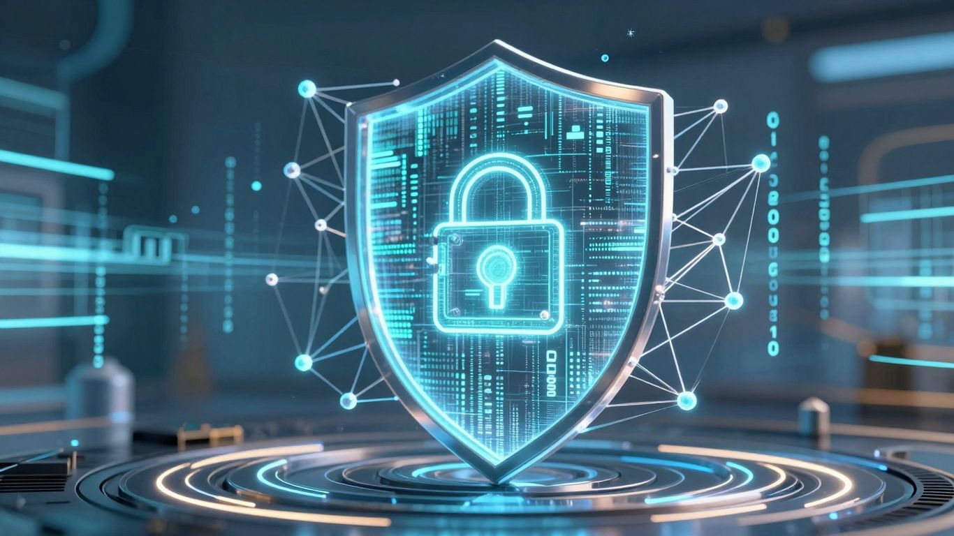 Cybersecurity and blockchain protecting digital data.