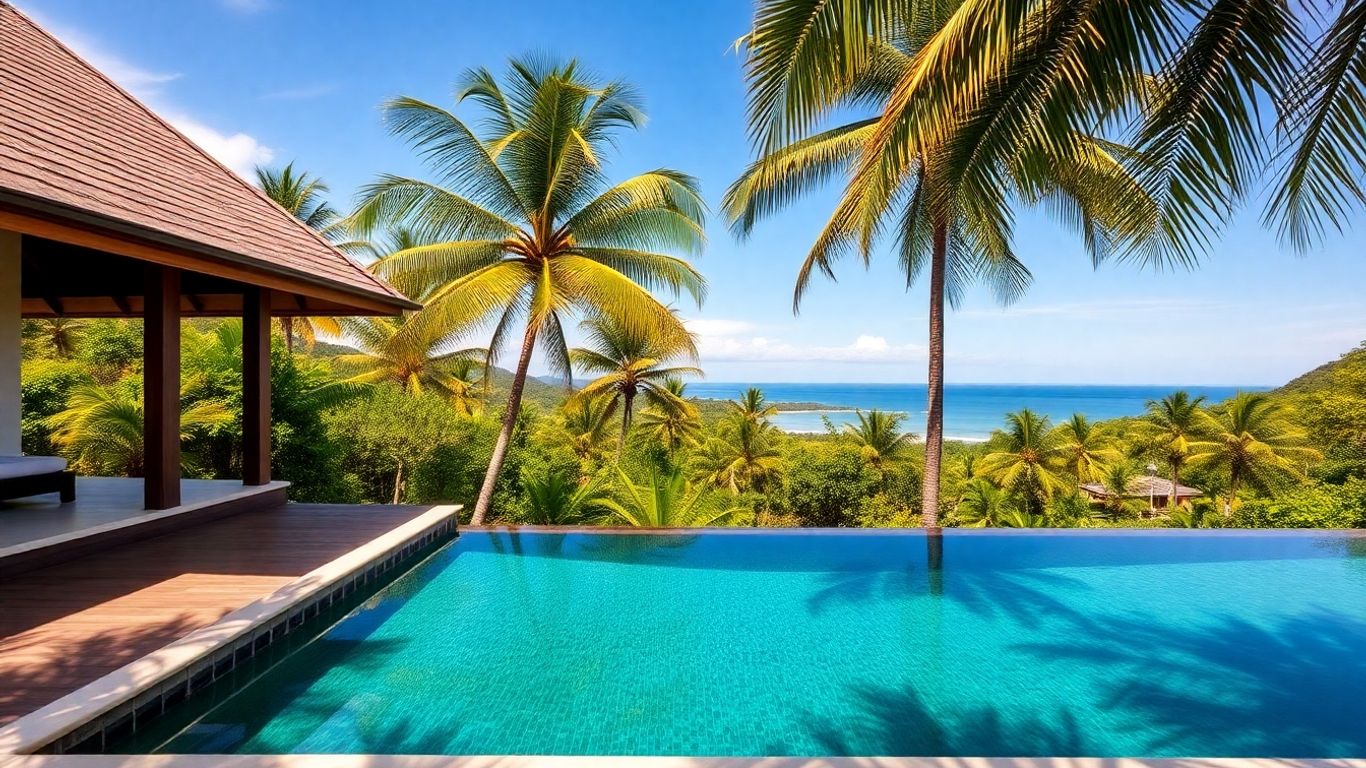 Luxury villa with infinity pool overlooking tropical sea.