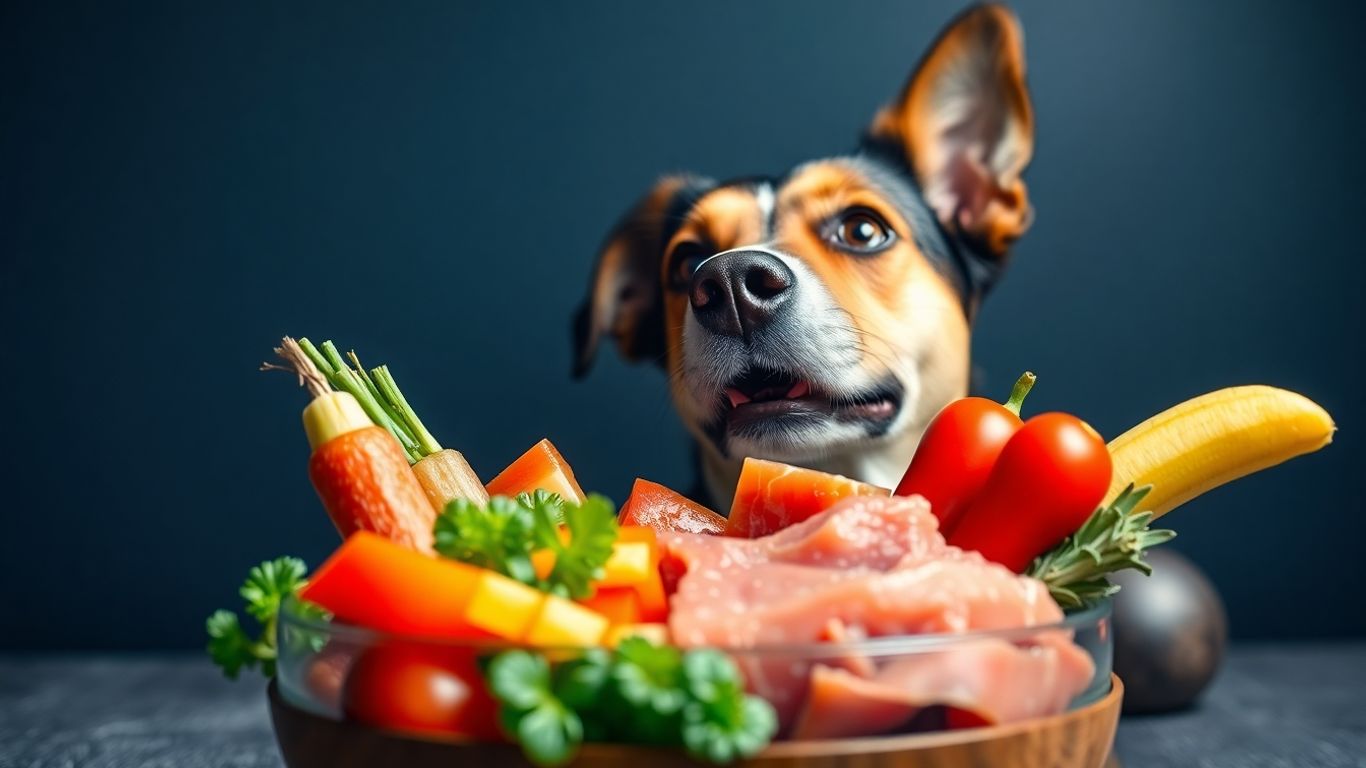 Dog looking at bowl of raw food ingredients