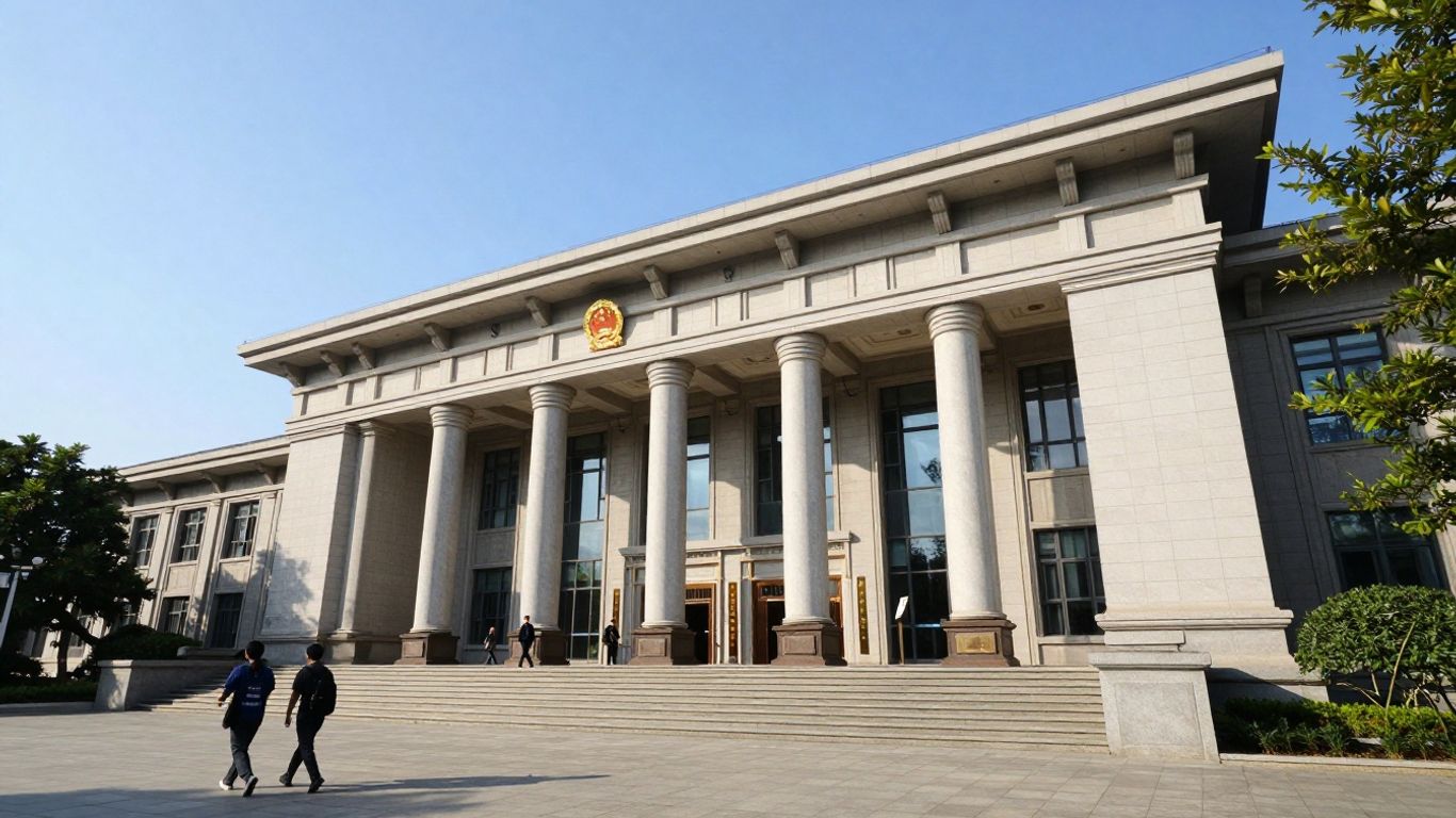 Clădire guvernamentală modernă cu intrare și cer senin.