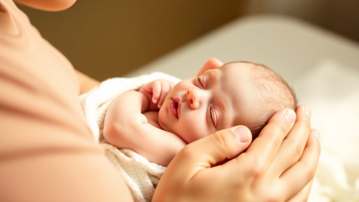 Parent holding a calm newborn baby.