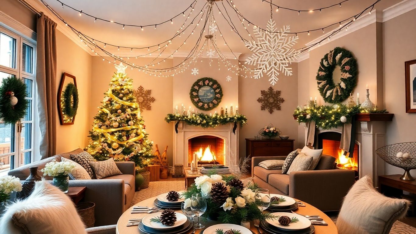 Winter wonderland party decor with lights, tree, and snowflakes.