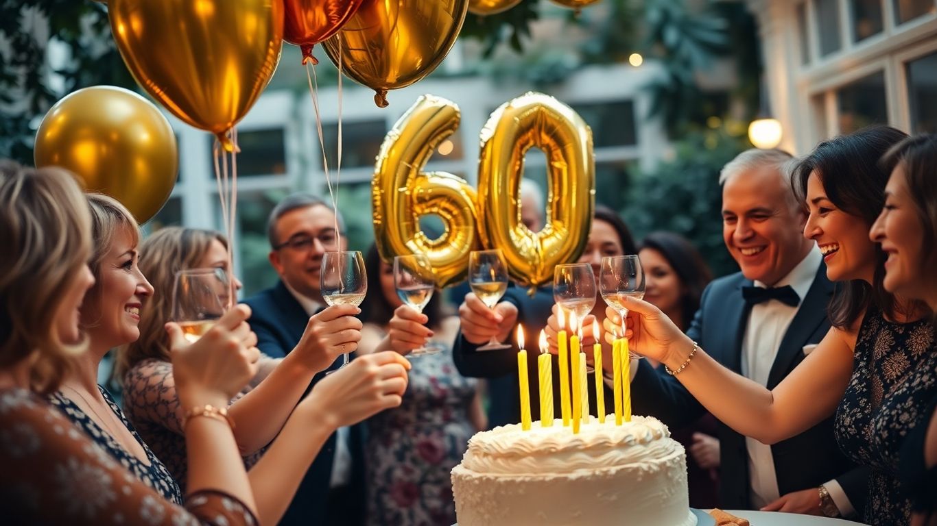 Geburtstagstorte mit Kerzen und Sektgläsern