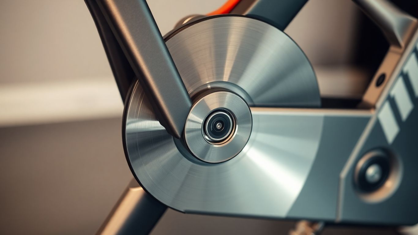 Exercise bike magnetic resistance and drive system close-up.