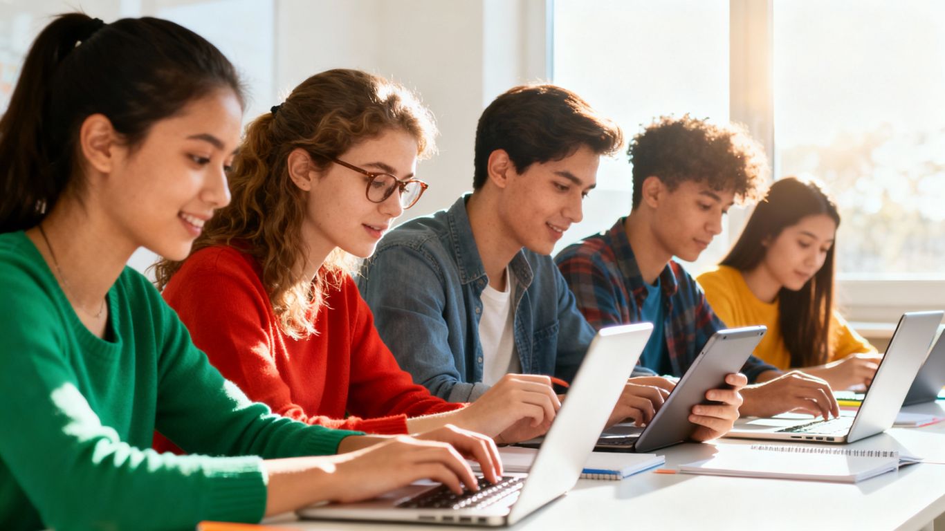 People learning on devices in a bright, modern space.