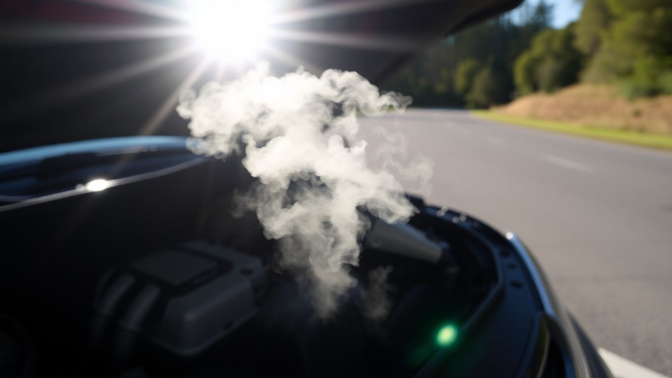Steaming car engine on the side of the road.