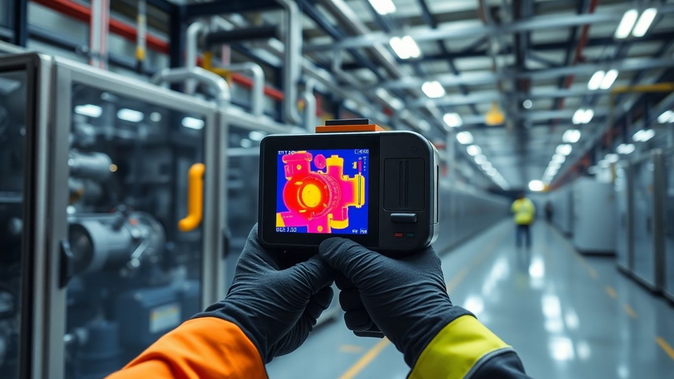 Thermal camera detecting heat anomaly on factory machine.