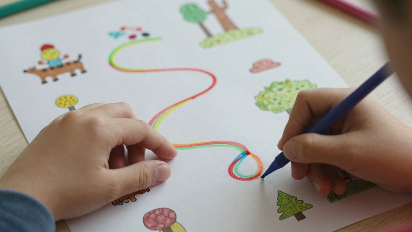Child's hand tracing a colorful story path.