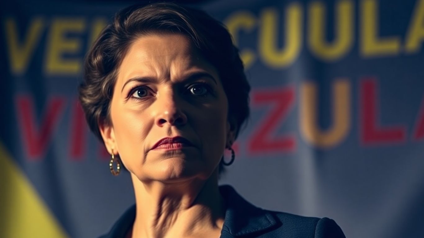 Maria Corina Machado looking determined, Venezuela backdrop.