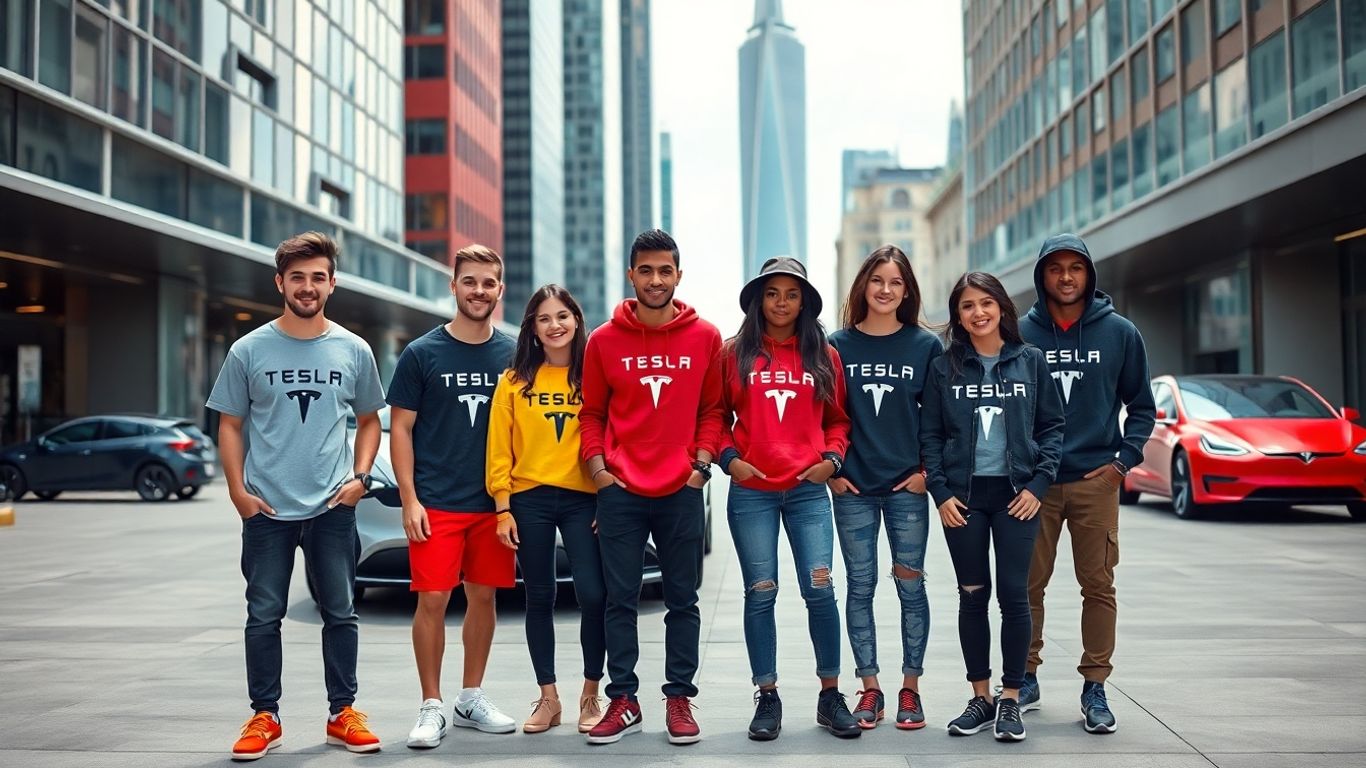 Trendy group in Tesla t-shirts, hoodies, hats, urban setting.