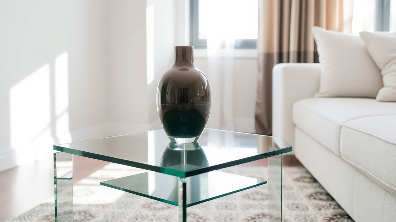 Modern glass end table in a living room.