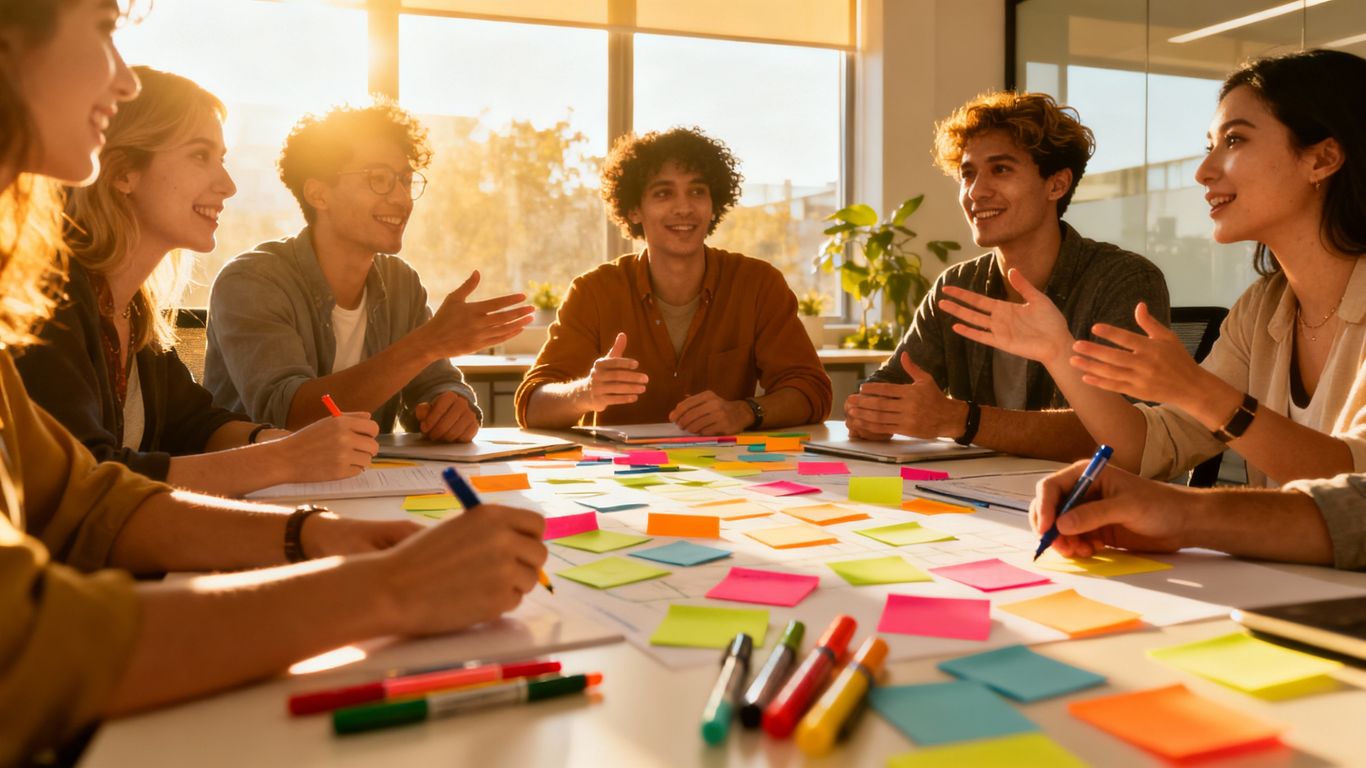 People collaborating in a bright workshop room.