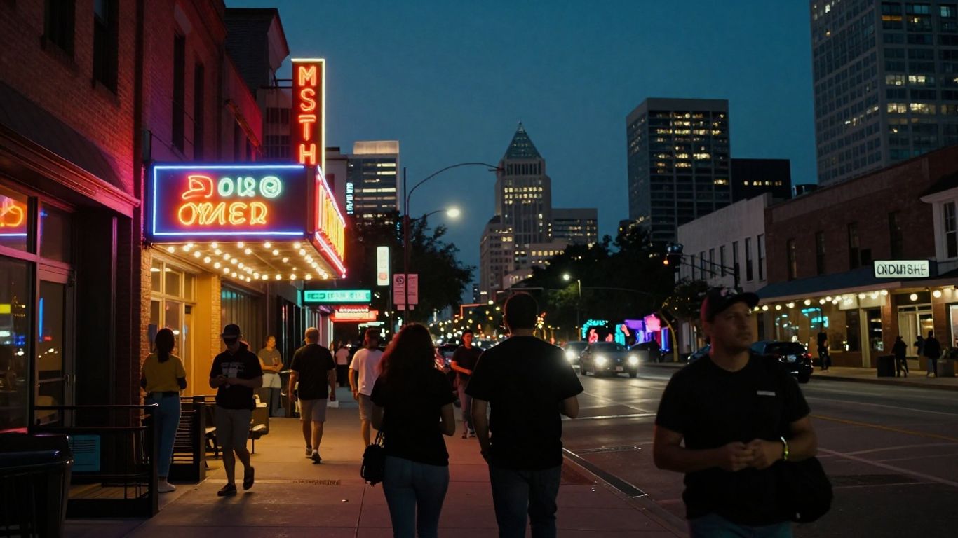 South Congress Avenue at night with neon lights and music venues.