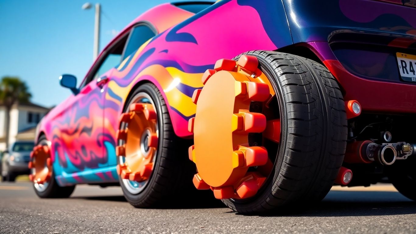 Car with giant, colorful tire caps.