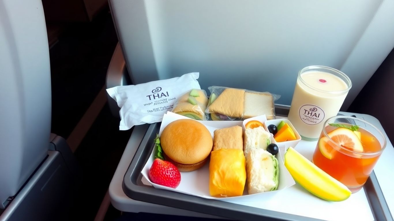 ชุดอาหารว่างการบินไทยวางเรียงบนถาดในห้องโดยสาร