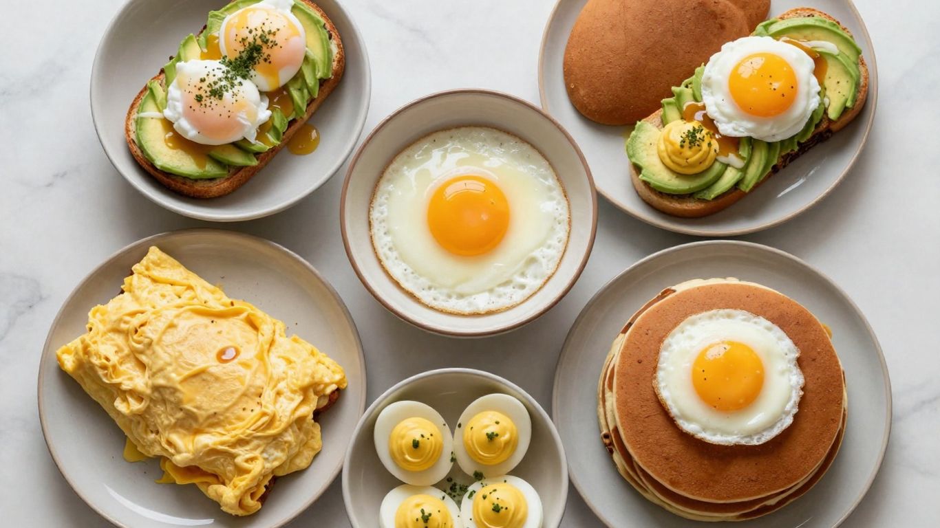 Assortment of delicious egg dishes for breakfast and meals.
