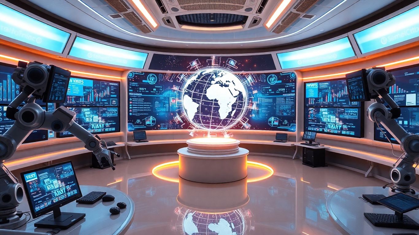 AI newsroom creating content with futuristic technology.