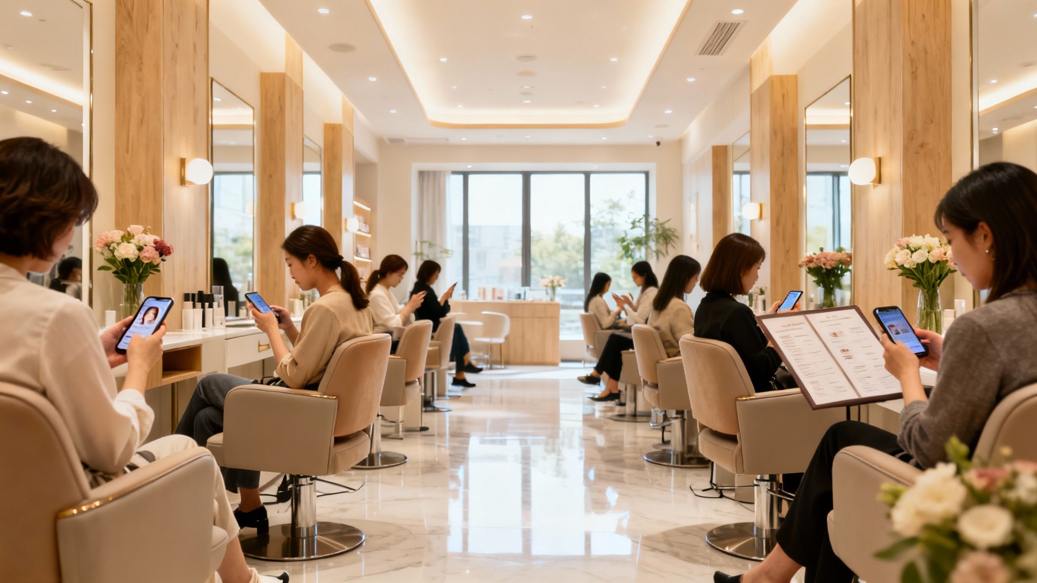 Beauty salon clients using mobile phones.