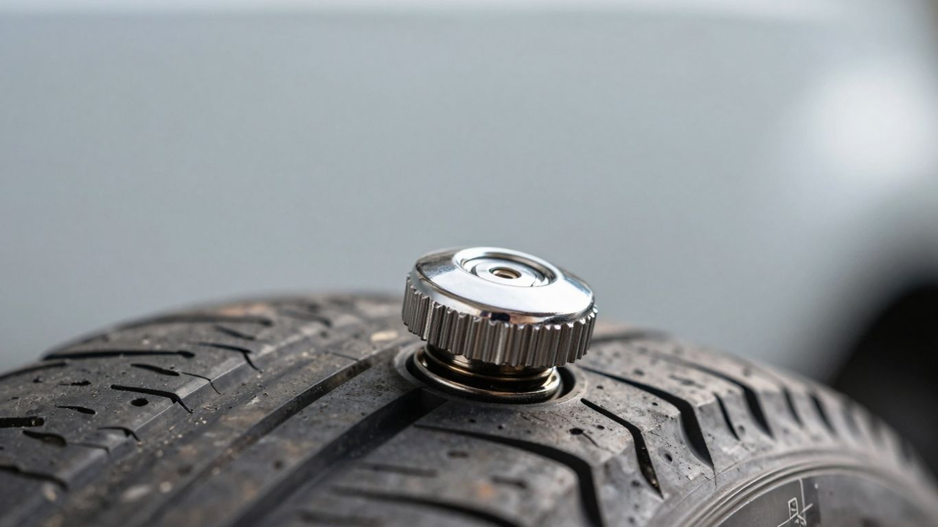 Close-up of a car tire valve cap.