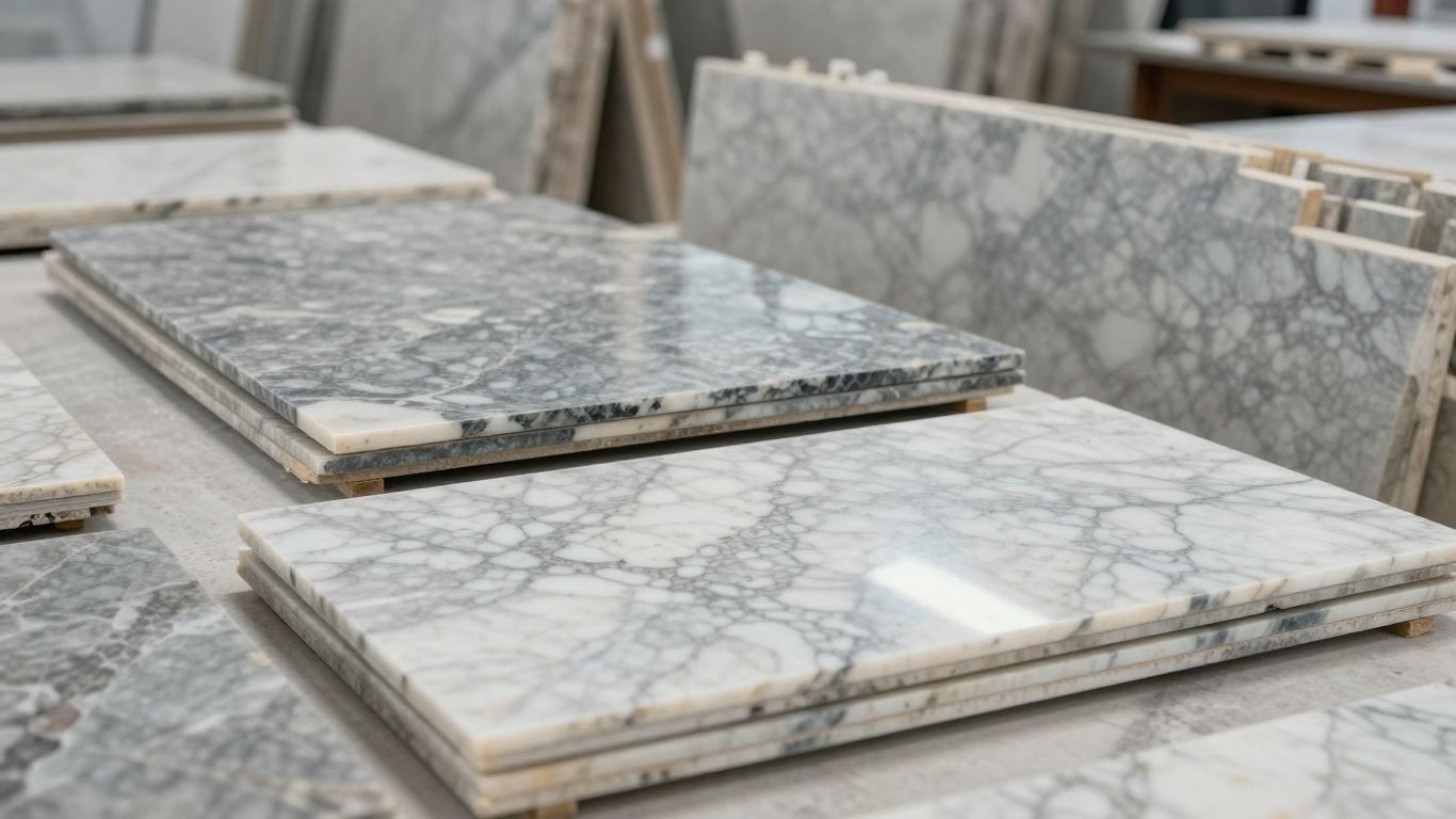 Marble slabs with intricate veining, various colors and patterns.