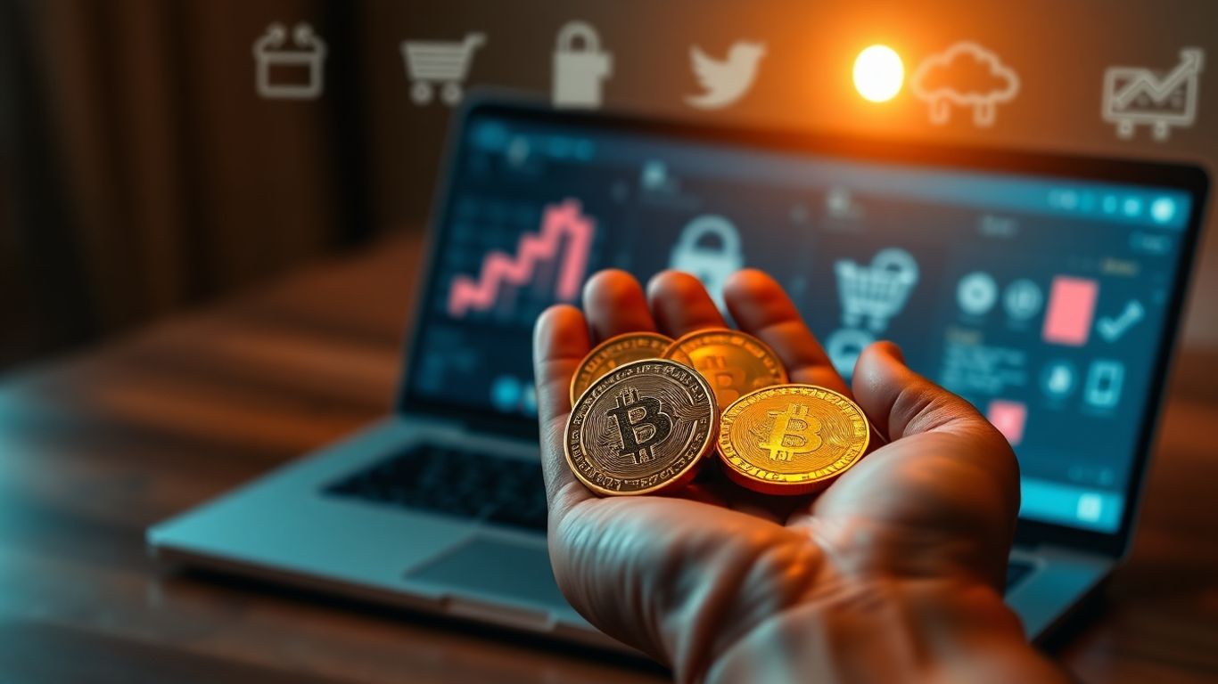 Hand holding gold coins near laptop for online selling.