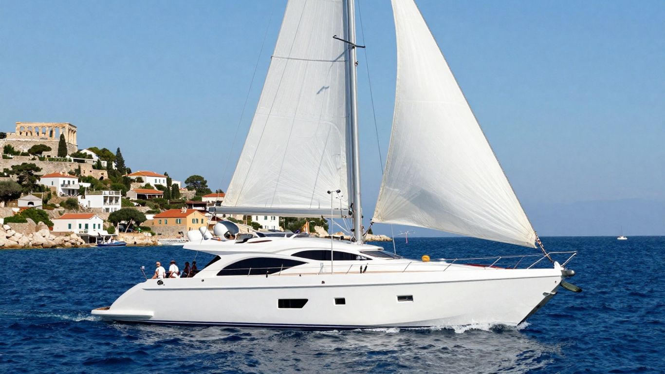 Luxury yacht sailing in the Mediterranean near ancient ruins.