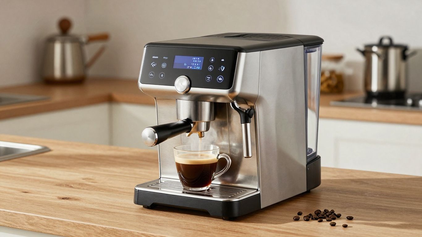 Sleek digital coffee maker with steaming coffee cup on counter.