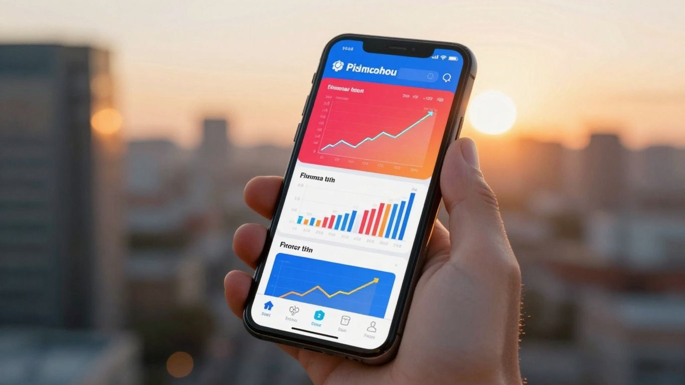 Hand holding smartphone with finance app, cityscape background.