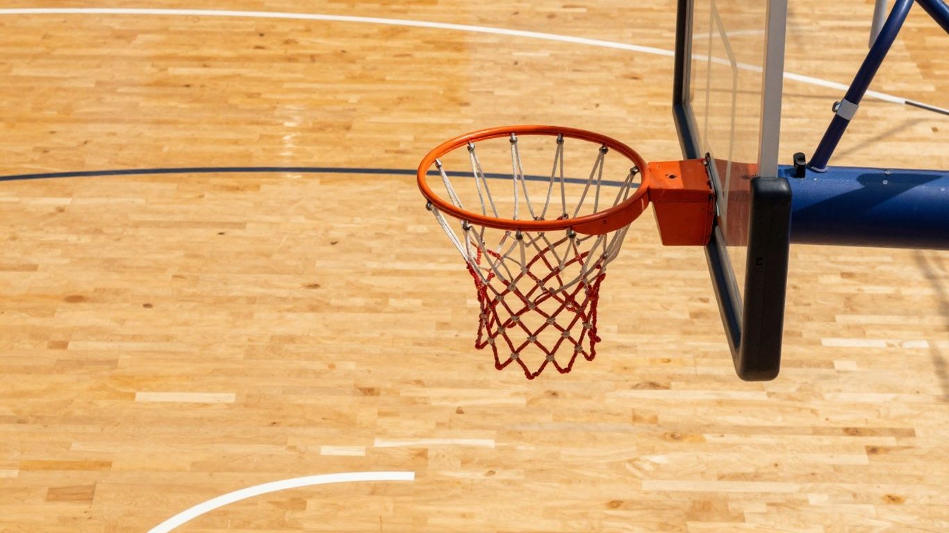 Teren de baschet cu coș și marcaje clare.