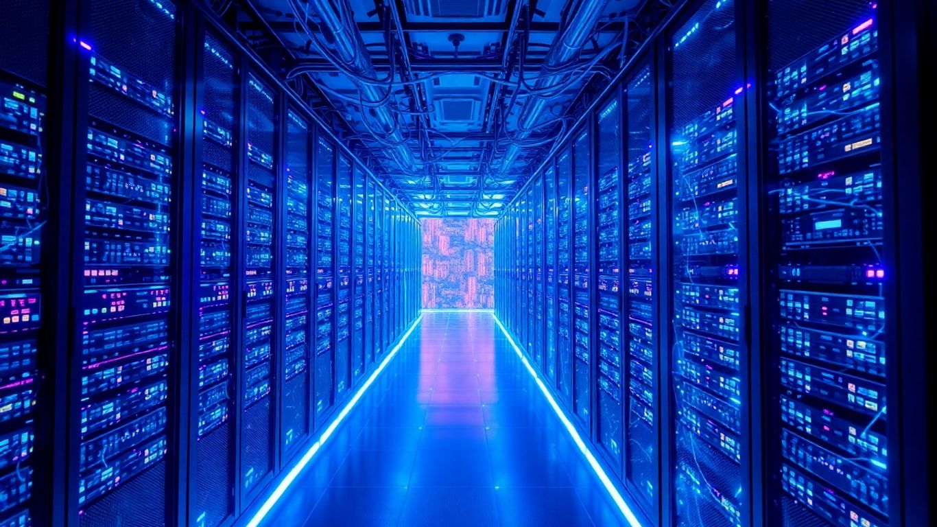 Futuristic data center with glowing servers and digital energy.