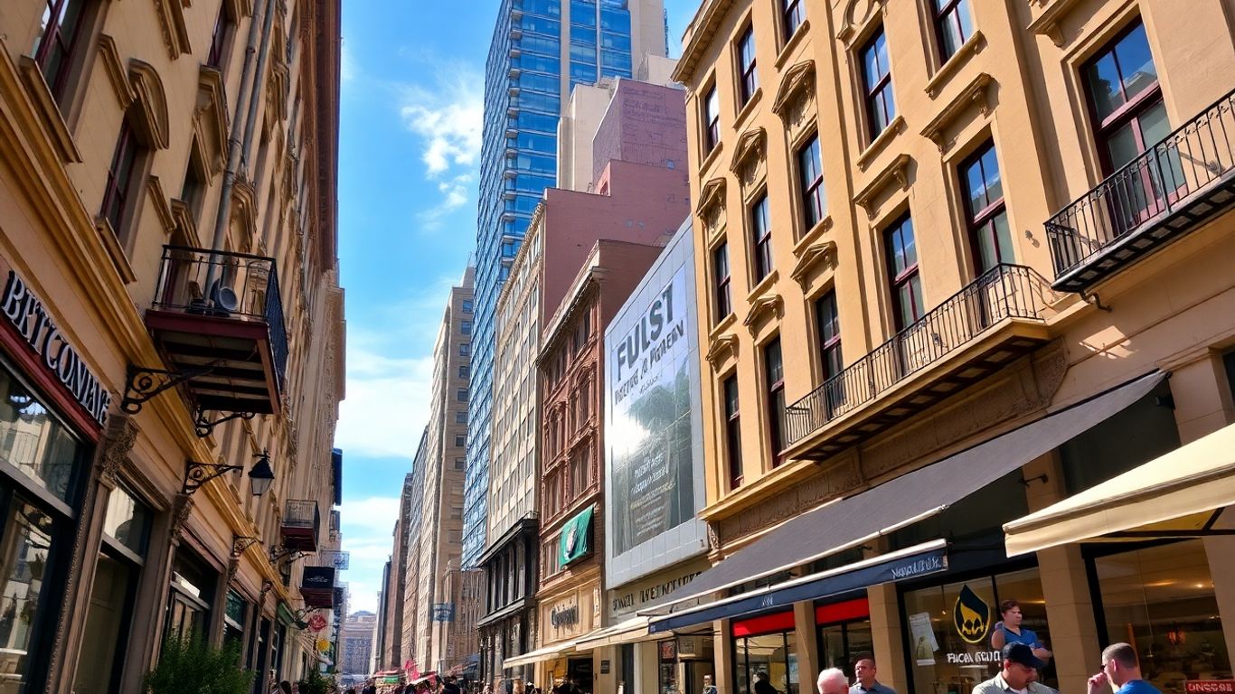 Străzi urbane cu arhitectură istorică și elemente moderne.