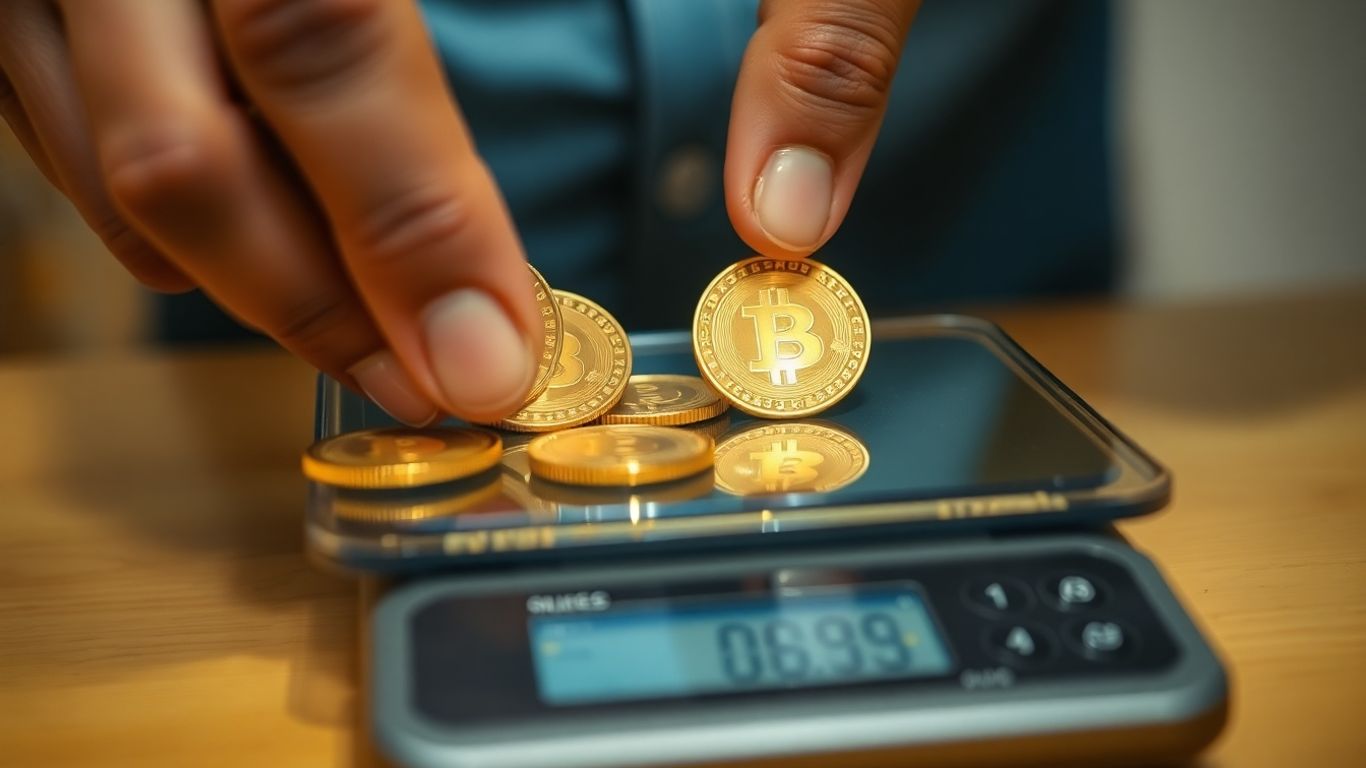 Hands weighing gold coins on a digital scale.