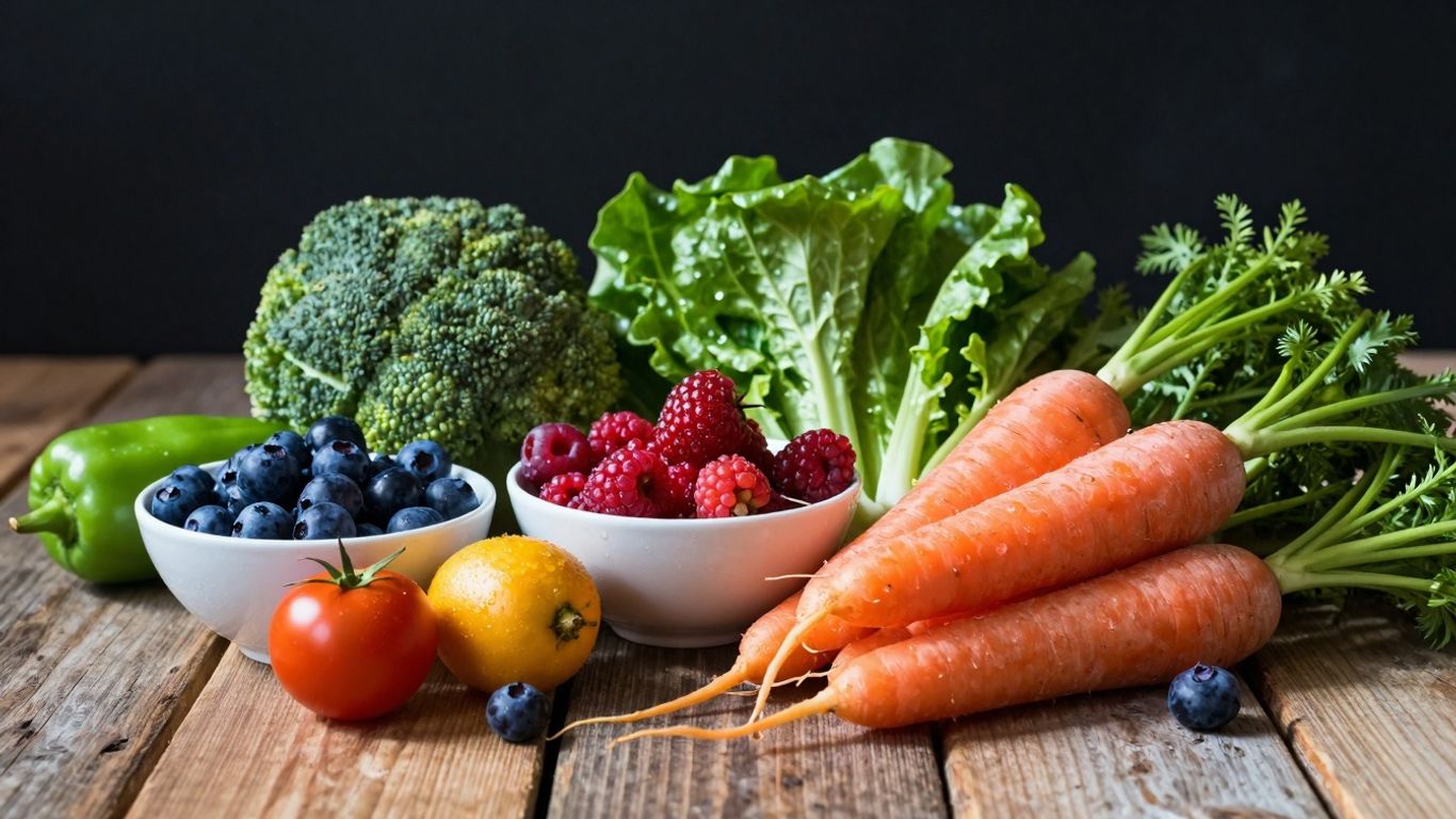 Frisches Obst und Gemüse auf einem Holztisch