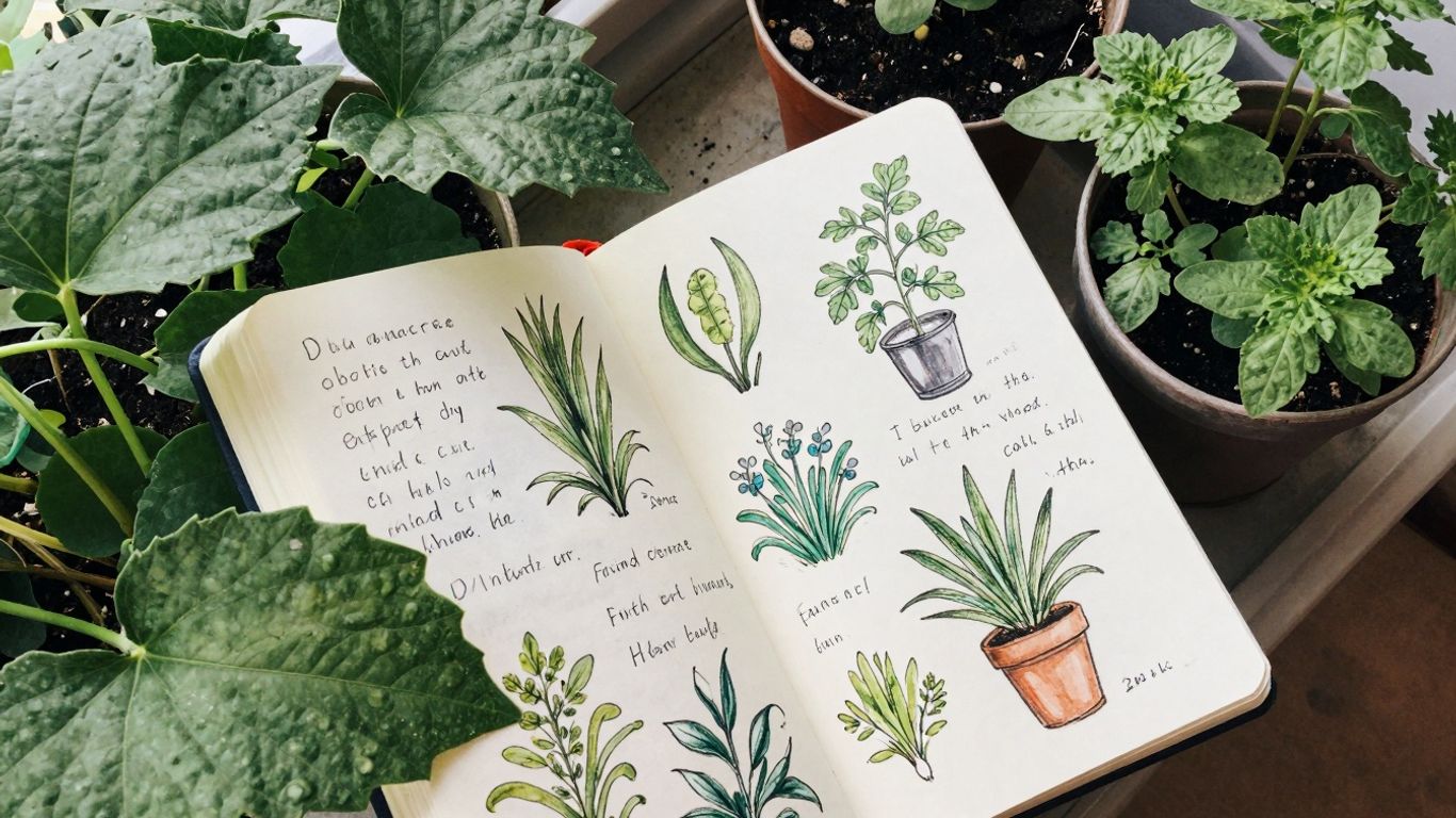 Gartenjournal mit Notizen und Pflanzen