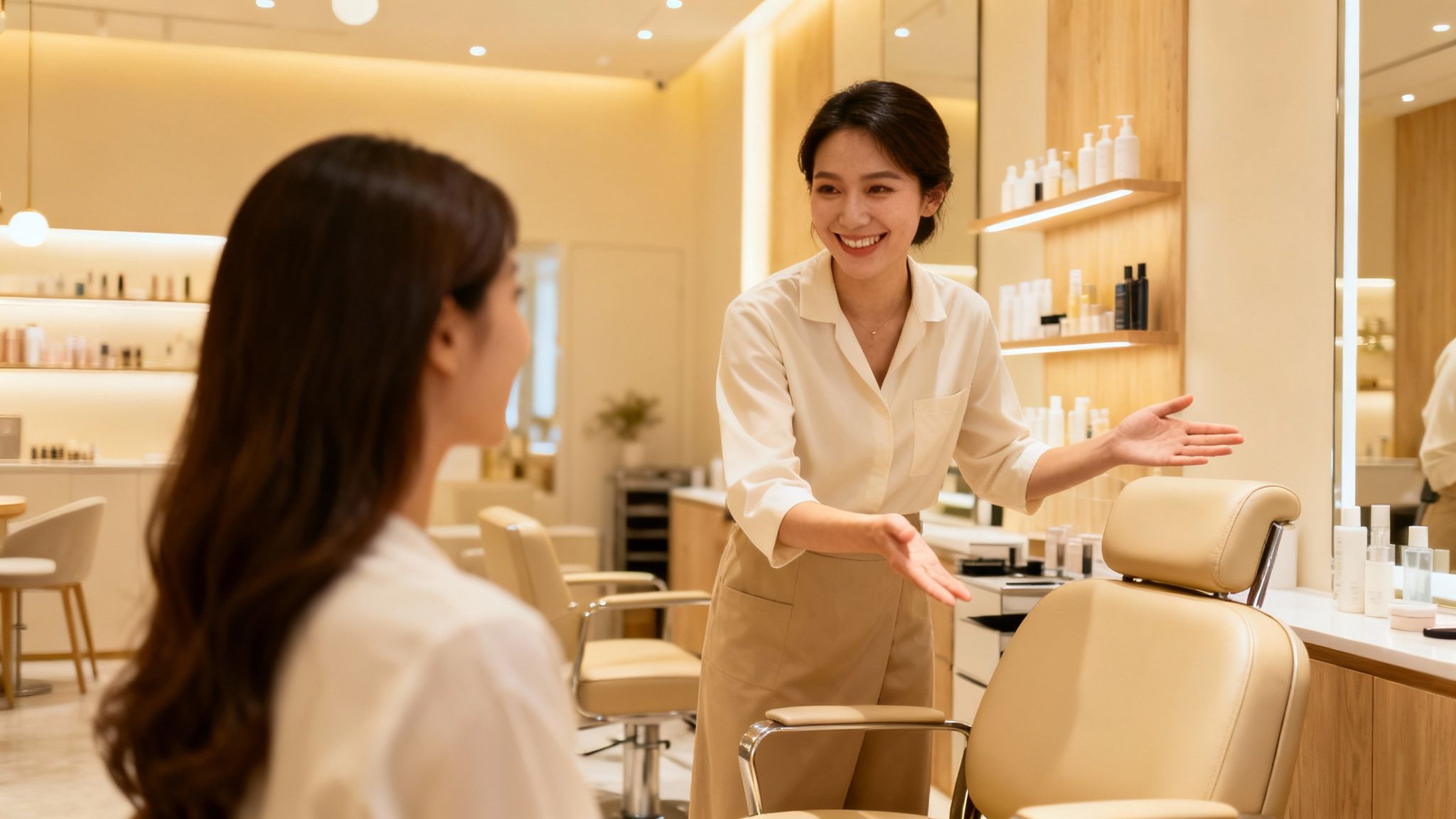 Beauty salon professional consulting with a client about services.